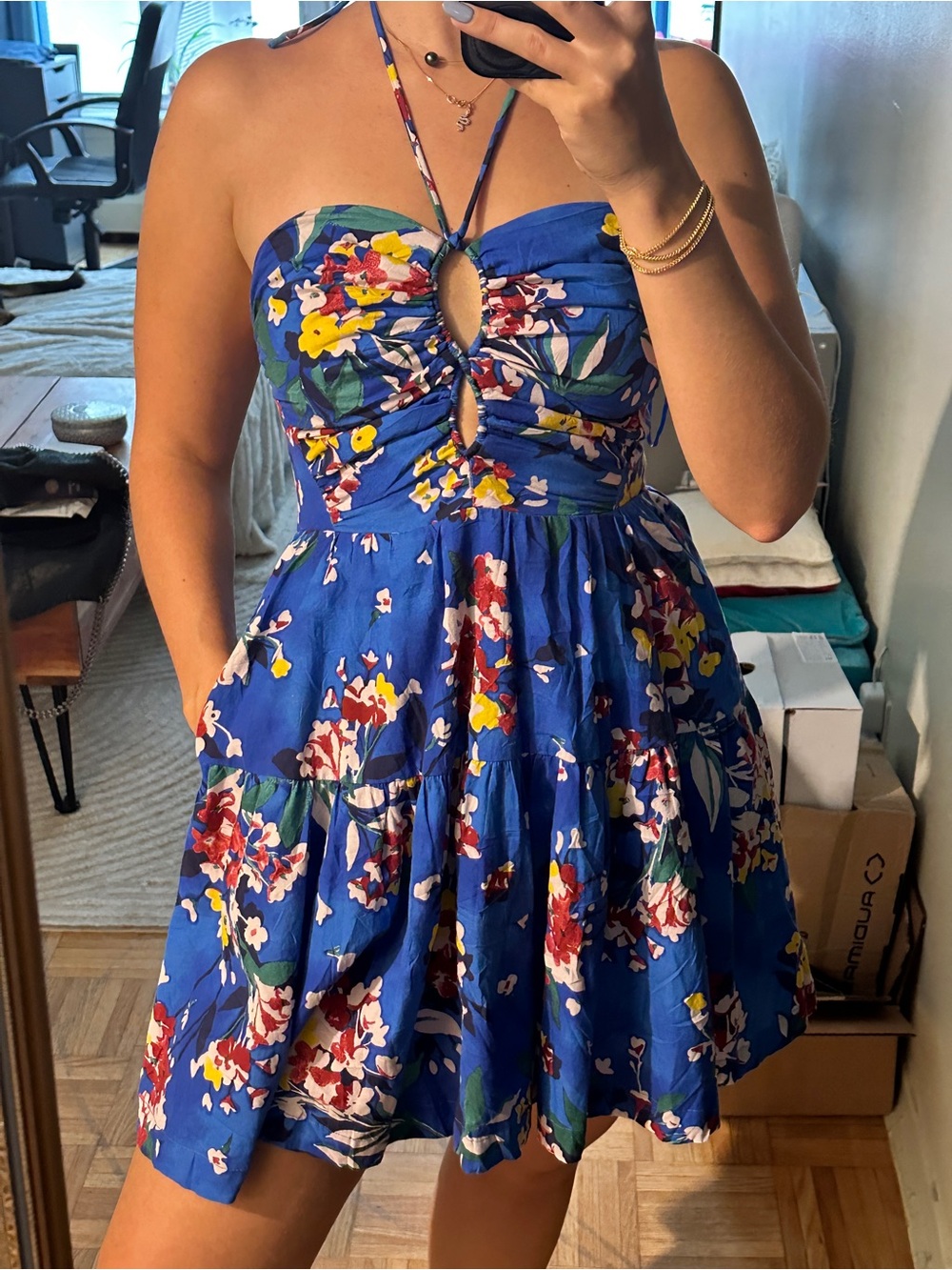 Anthropologie Blue Floral Smocked Halter Dress
